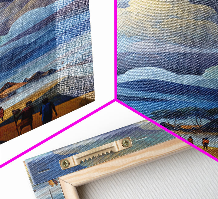 African Village Beneath Blue Storm Clouds Framed Canvas Print, Landscape Wall Decor, Cultural Home Decor, Afrocentric Art