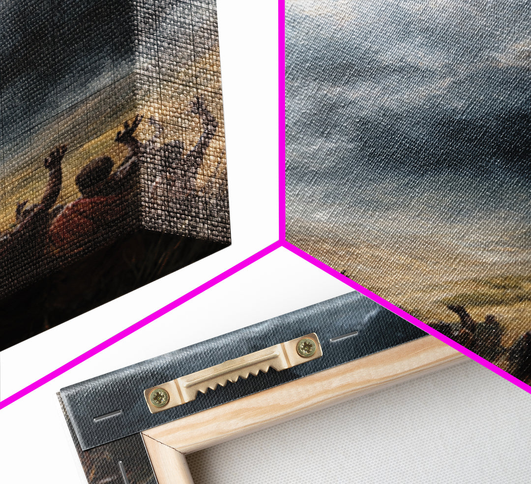 African Villagers Raising Hands To Dark Storm Sky Wall Art, Dramatic Spiritual Canvas, Cultural Decor, Black Art Gift For Home