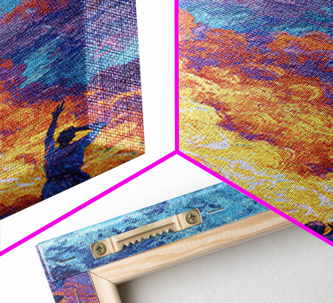Figures Under Fiery Orange And Blue Sky Canvas Print, African Wall Art, Black People Art, Cultural Home Decor Gift, Statement Wall Decor