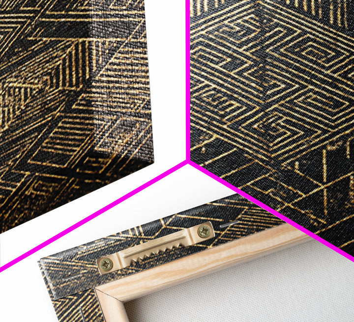 Black Gold Geometric Kuba Pattern Wall Art, African Tribal Decor, Mud Cloth Inspired Canvas, Modern Ethnic Home Decor, Gallery Print