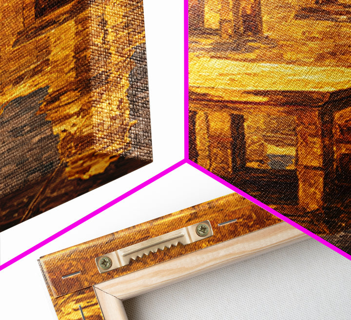 Golden Ancestral Stools In Reflective Hall Framed Canvas Print, African Decor, Cultural Wall Art, Warm Ochre Home Decor Gift