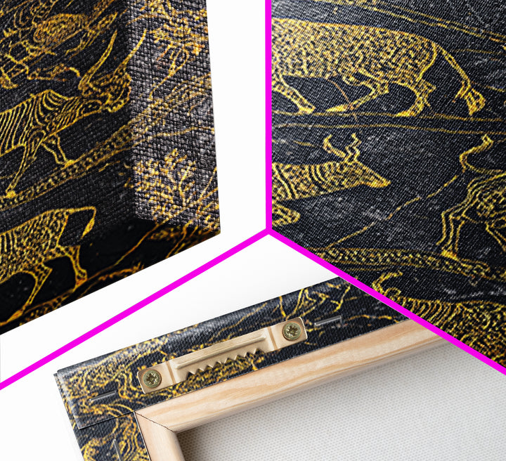 Gold Line Savanna Wildlife Migration Wall Art, African Animal Art, Tribal Antelope Canvas, Black Gold Safari Decor, Statement Gift