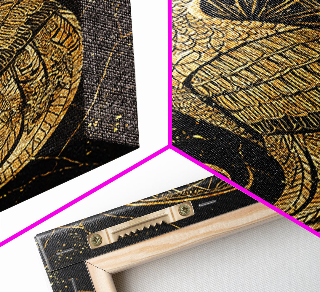Ornate Golden Peacock Wall Art, Black And Gold Art, African Inspired Wall Decor, Mystical Animal Art, Luxury Canvas Print Gift
