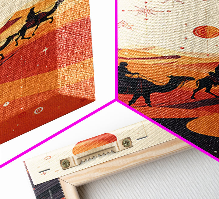 Desert Camel Caravan With Planets Canvas Print, African Travel Art, Boho Wall Decor, Orange Dunes, Celestial Safari Gift