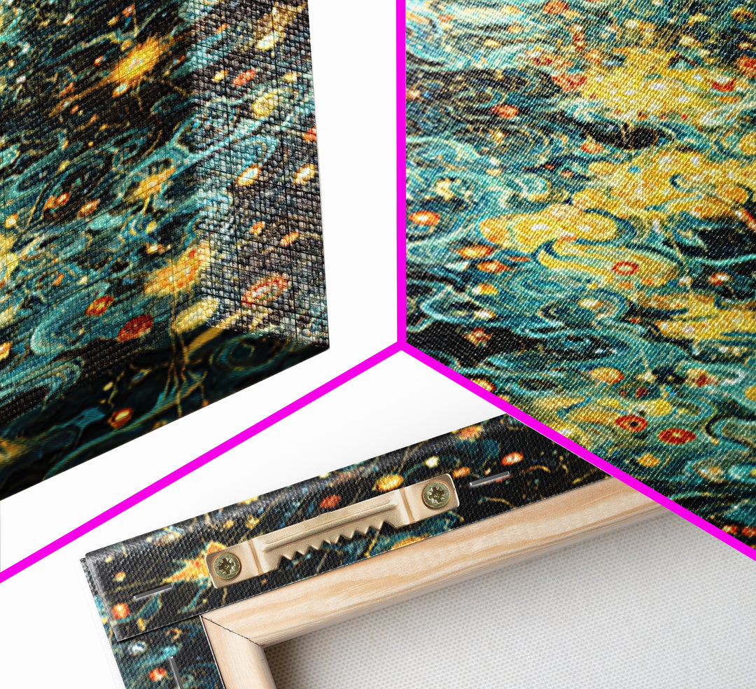 Glowing Celestial Swirls With Stars Canvas Print, Abstract Art, Teal And Gold Wall Decor, Dreamy Modern Home Decor, Gift For Her