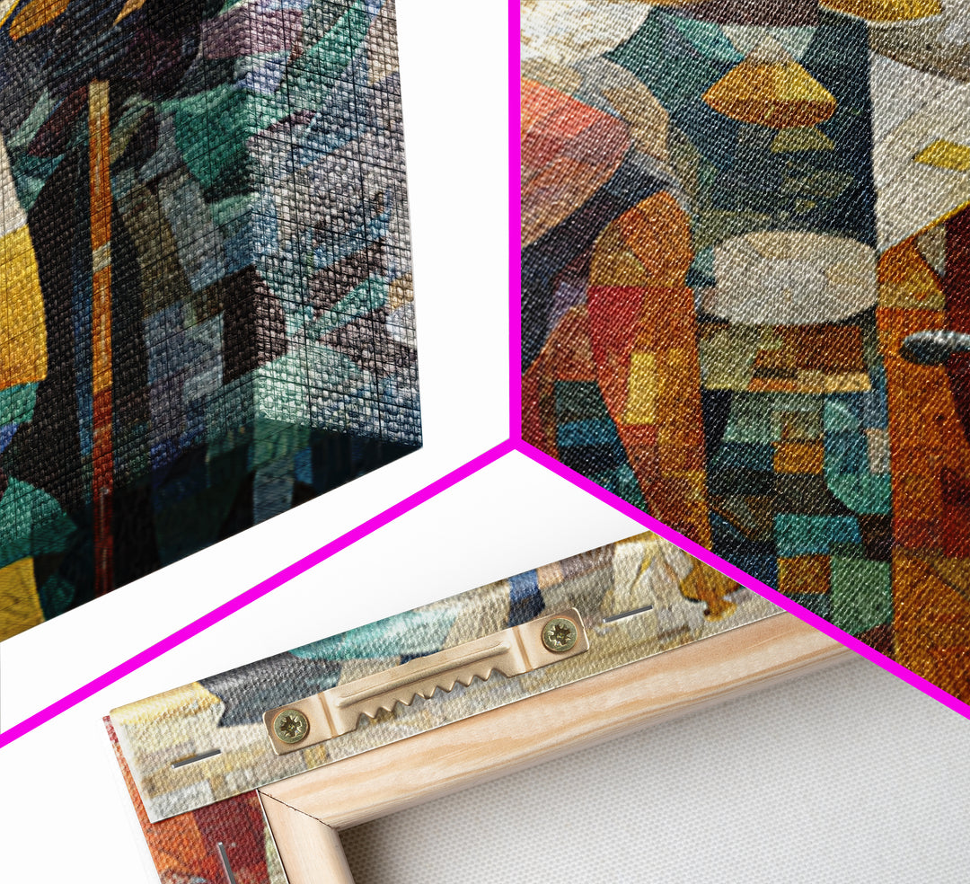 Three Regal African Figures Framed Canvas Print, Cubist Mosaic Portrait, Tribal Queen Art, Cultural Wall Decor, Bold Home Decor