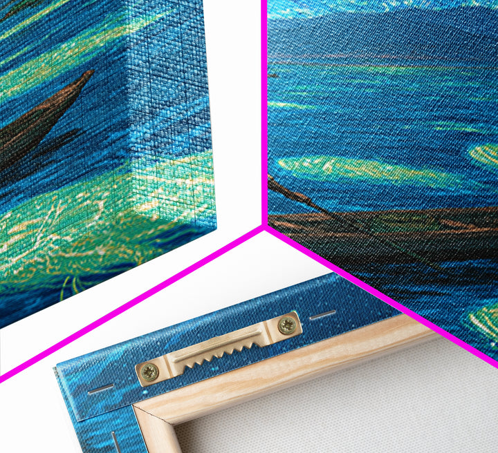 Starlit Fisherman On Glowing Blue Lake Canvas Print, African Landscape Wall Art, Dreamy Nature Scene, Unique Home Decor Gift