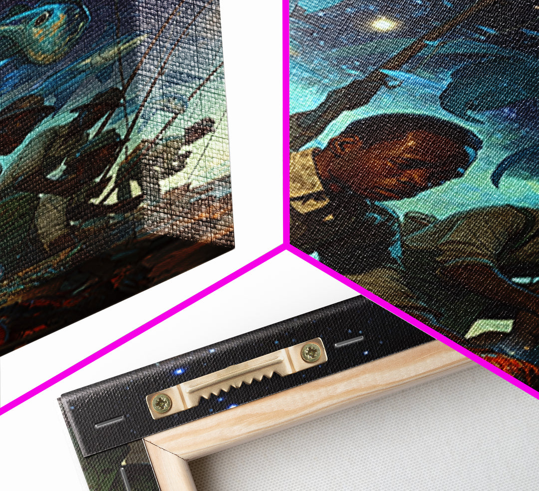 Cosmic Fishermen Under Giant Flying Fish Wall Art, African Safari Art Print, Black Men Portrait, Fantasy Coastal Decor Gift