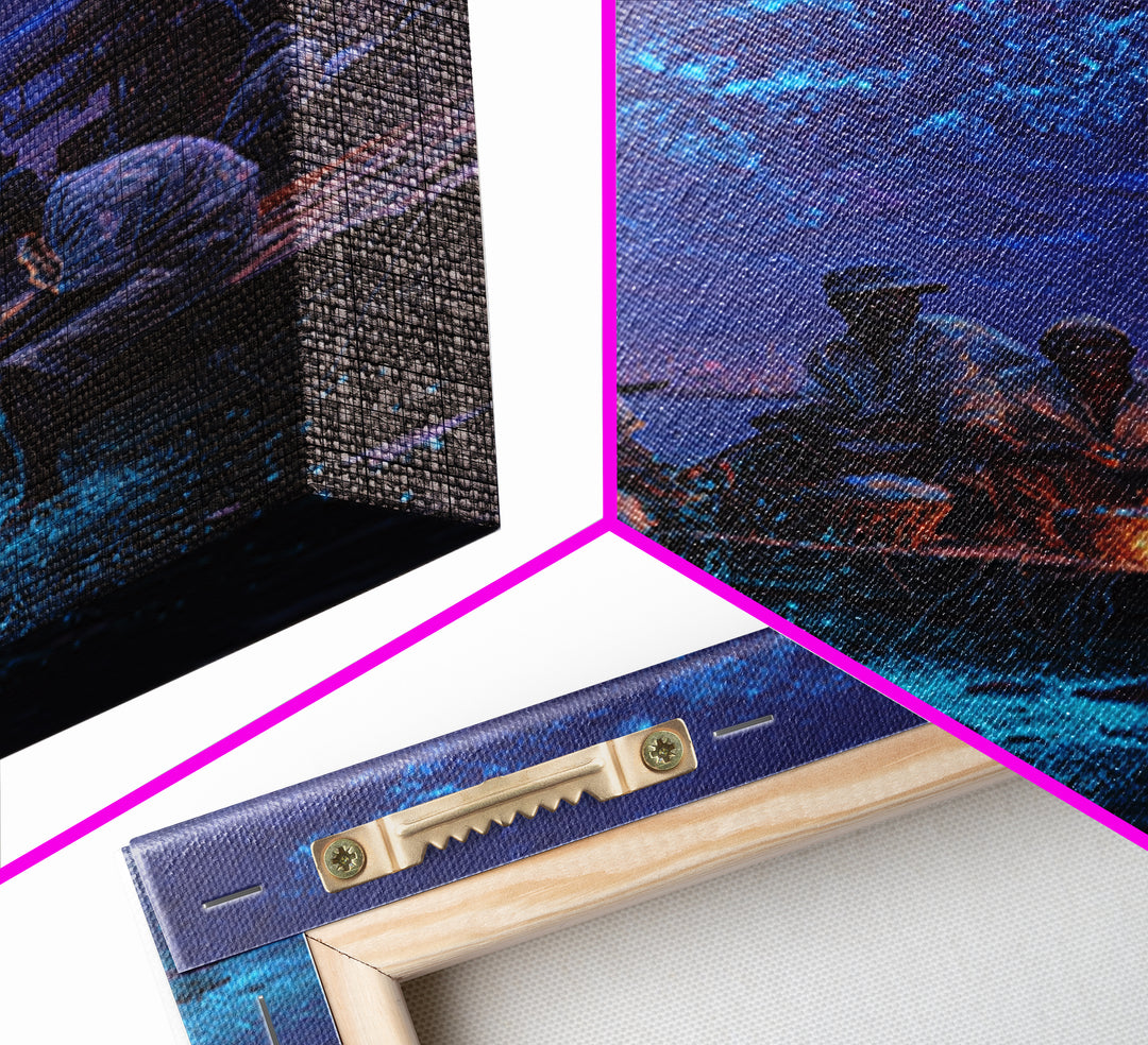 Night Fishermen With Glowing Nets Framed Canvas Print, Blue Coastal Wall Art, Contemporary Harbor Decor For Home Office Gift