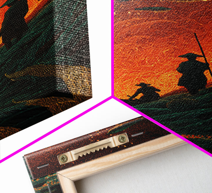 Silhouetted Travelers Under Fiery Sky Wall Art, Orange Sci Fi Canvas Print, Surreal Adventure Decor For Office Gift And Home
