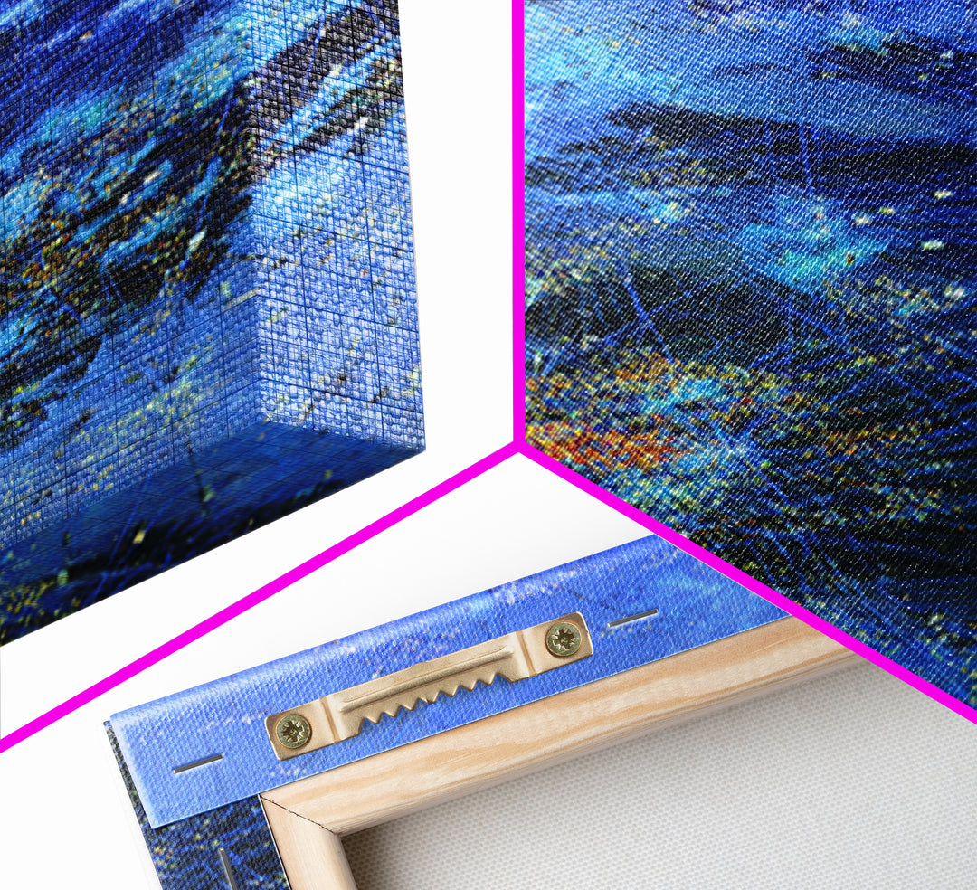 Blue Abstract City Lights Network Canvas Print, Digital Wall Art, Modern Starry Statement Decor For Office And Home Gift