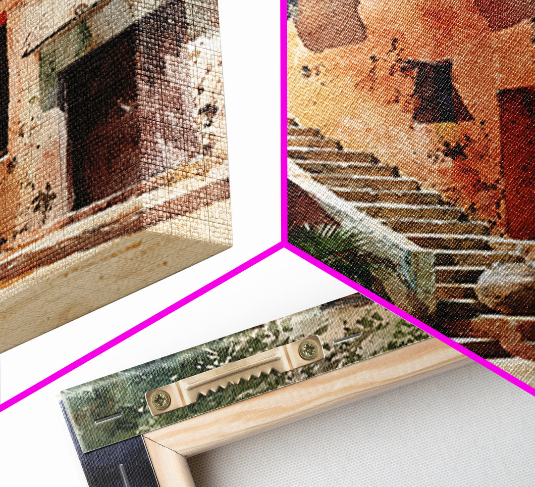 Sunlit Adobe African Alley Canvas Print, Terracotta Art Print, Rustic Decor, Cultural Wall Decor, Africa Painting, Unique Gift