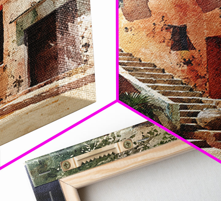 Sunlit Adobe African Alley Canvas Print, Terracotta Art Print, Rustic Decor, Cultural Wall Decor, Africa Painting, Unique Gift