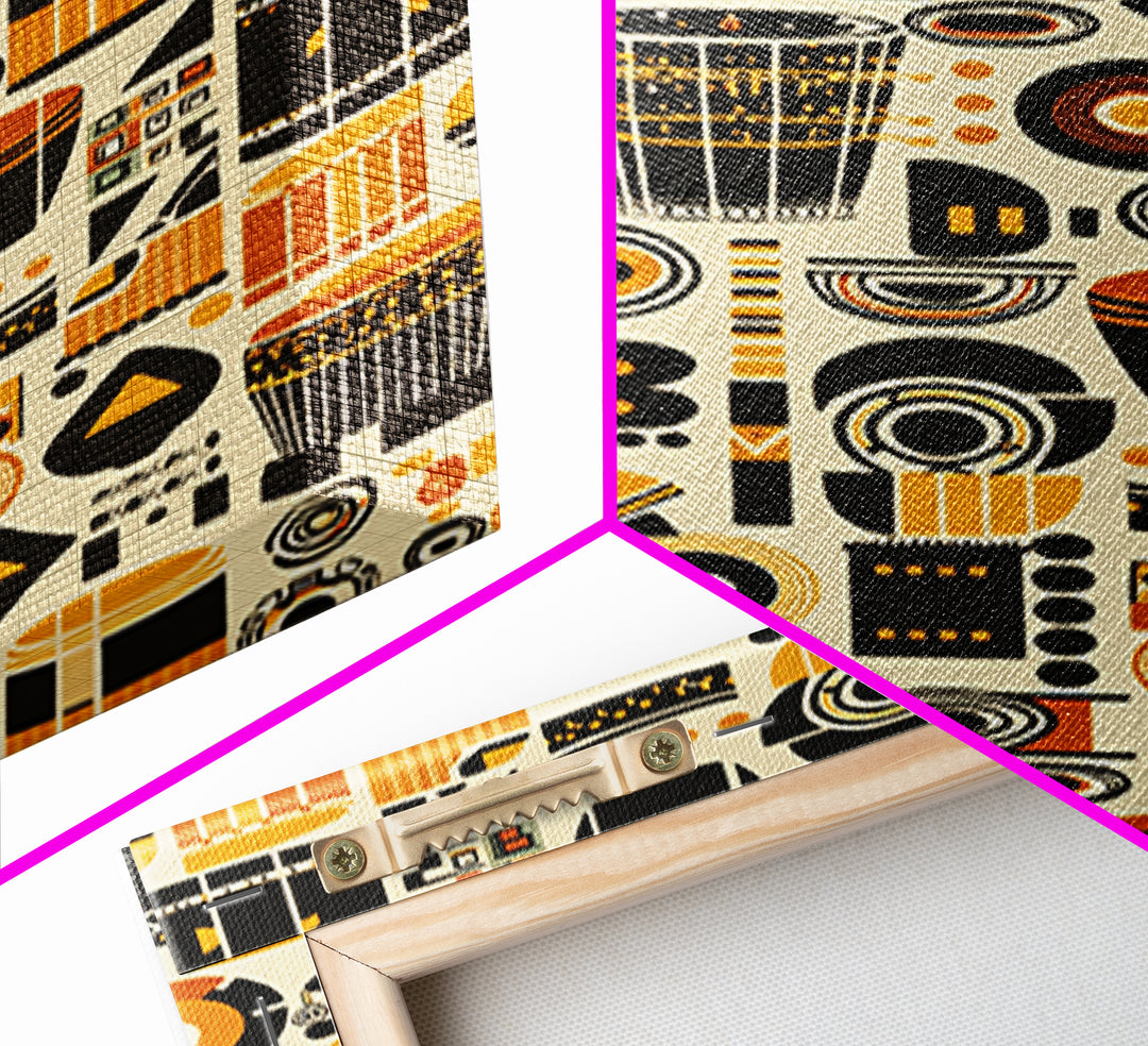 Bold African Drum Pattern Canvas Print, Tribal Textile Art, Orange Black Home Decor, Afrocentric Wall Decor Gift For Music Room