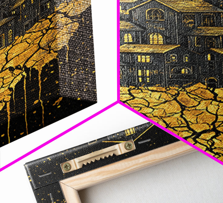 Golden Village On Africa Wall Art, Black Night Houses Canvas Print, Afrocentric Landscape Decor, Unique Motherland Artwork