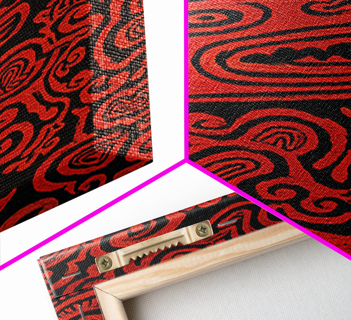 Red Tribal Lizard Pattern Wall Art, African Abstract Textile Art, Bold Ethnic Decor, Modern Black And Red Canvas Design Gift
