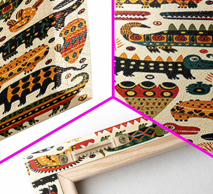 Whimsical Crocodile Pattern Canvas Print, Colorful African Animal Art, Kids Room Wall Decor, Tribal Safari Nursery Art Gift