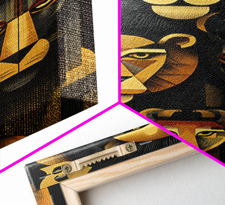 Black And Gold Lion Family Wall Art, Modern African Safari Art, Geometric Animal Portrait, Luxury Canvas Living Room Decor
