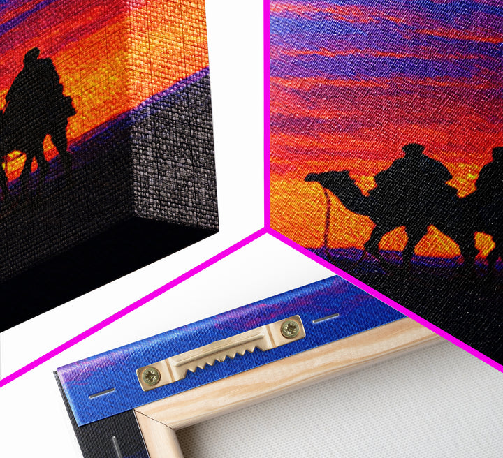 Camel Caravan At Sunset Wall Art, African Landscape Print, Desert Travel Decor, Boho Safari Canvas For Living Room Art Gift