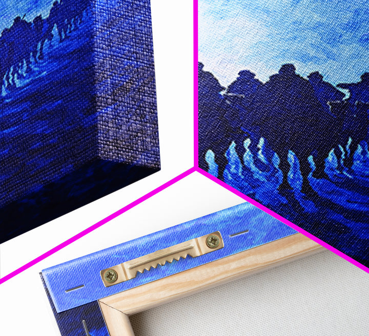 Blue Desert Horse Caravan Canvas Print, African Landscape Art, Sahara Travel Wall Decor, Dreamy Blue Painting For Living Room