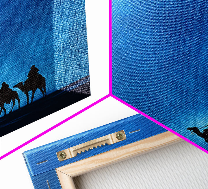 Three Blue Camel Riders Wall Art, African Safari Art Print, Serene Desert Landscape, Modern Canvas Decor For Living Room
