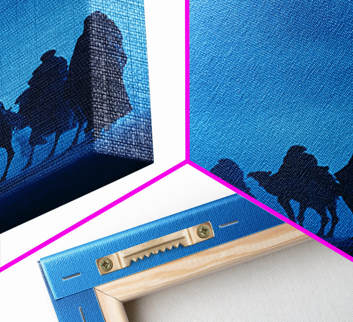 Misty Blue Tuareg Caravan Framed Canvas Print, African Travel Wall Art, Sahara Desert Decor, Boho Bedroom Artwork Gift For Home