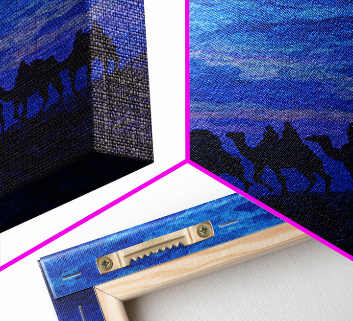 Textured Blue Camel Caravan Wall Art, African Painting Print, Dramatic Desert Sky Decor, Modern Canvas For Office Living Room