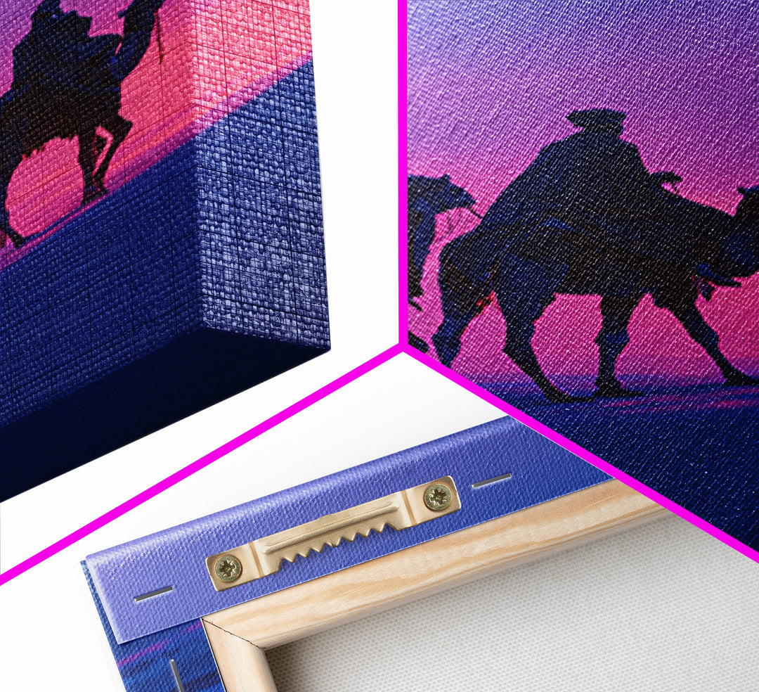 Purple Sunset Camel Riders Canvas Print, African Safari Wall Art, Boho Desert Landscape Decor, Dreamy Bedroom Gift For Her