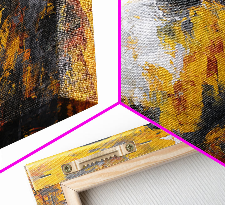 Three Abstract Masked Figures On Yellow Ground, Canvas Print, African Mask Art, Modern Tribal Wall Decor, Bold Portrait Art