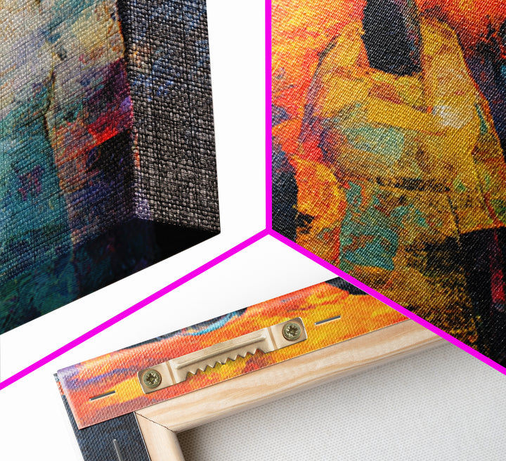 Fiery Three African Figures With Long Faces, Framed Canvas Print, Modern African Art, Black Culture Decor, Statement Wall Art