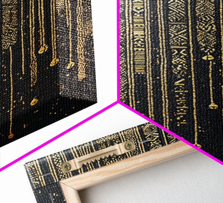 Black Gold Tribal Stripes Wall Art, African Pattern Framed Canvas Print, Elegant Textile Art, Luxury Home Decor Statement Piece