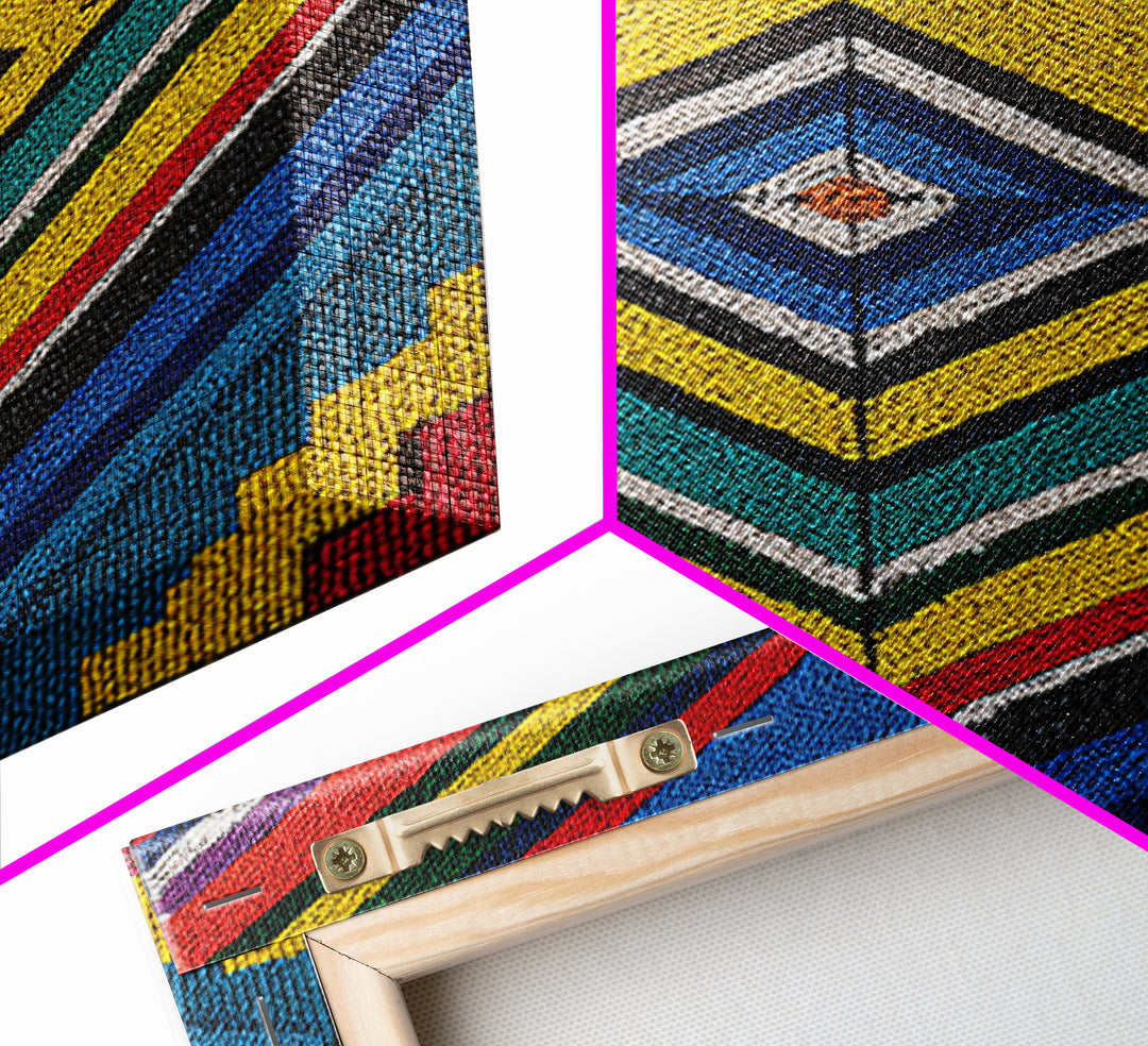 Beaded Diamond Geometric Tribal Wall Art, Colorful African Abstract Canvas Print, Bold Ethnic Pattern Living Room Decor Gift