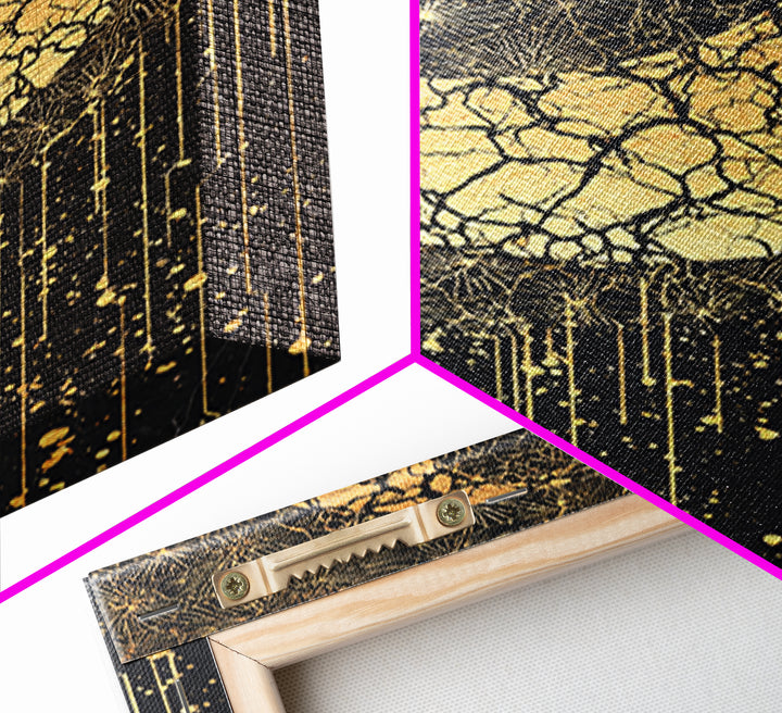 Cracked Gold Crescent Horn Abstract Wall Art, African Inspired Pattern Decor, Black And Gold Canvas Print For Boho Home Decor