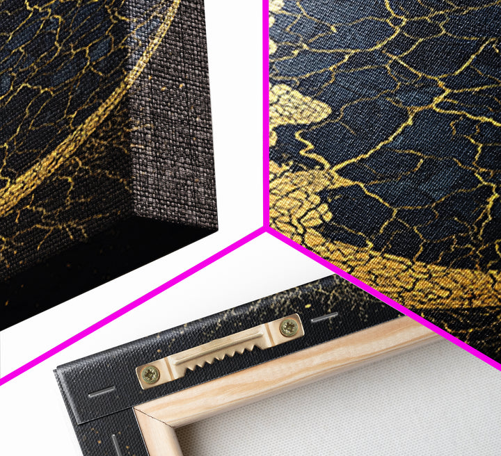 Cracked Gold Crescent Moon Wall Art, Mystical African Inspired Celestial Canvas Print, Black And Gold Spiritual Home Decor