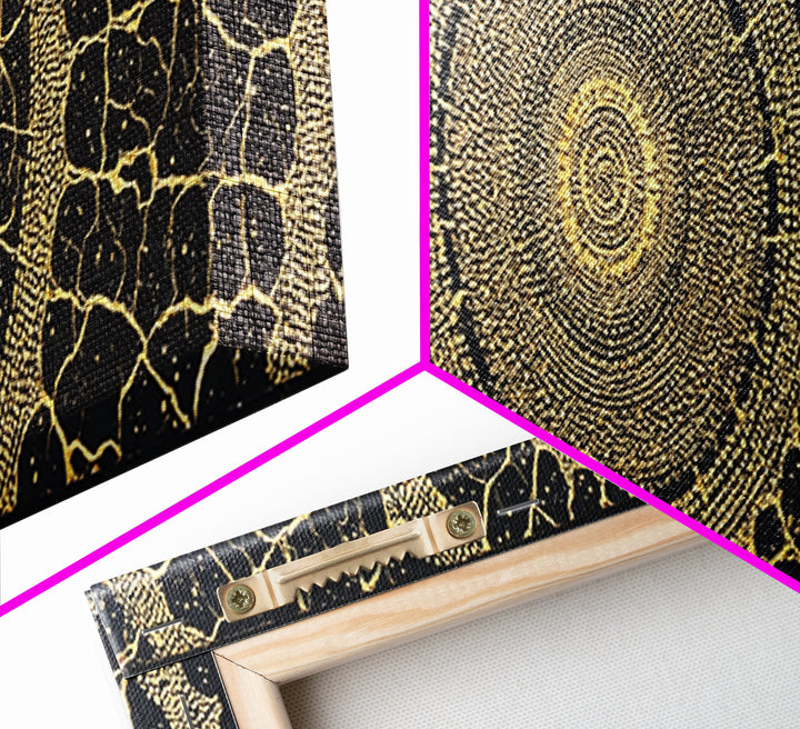 Black Gold Tribal Circle Canvas Print, African Abstract Pattern Wall Decor, Luxury Boho Textured Home Decor Gift For Living Room