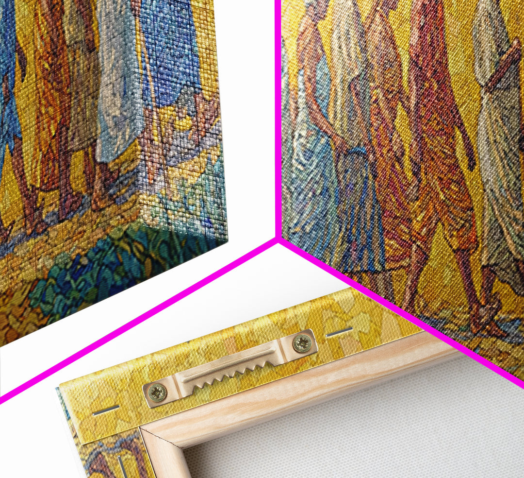 Sunlit African Walking Procession Canvas Print, Yellow Mosaic Cultural Wall Decor, Afrocentric Panoramic Home Art Gift For Living Room