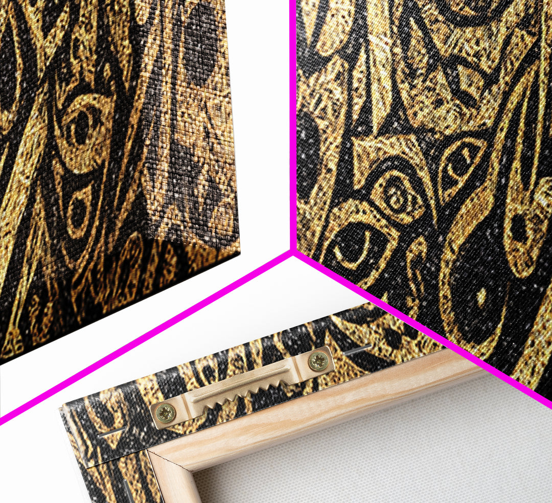 Gold Tribal Faces Abstract Wall Art, African Mask Art, Afrocentric Decor, Black And Gold Design, Bold Cultural Canvas Print