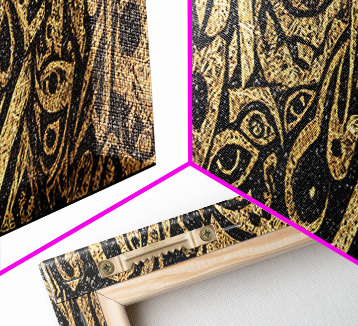 Gold Tribal Faces Abstract Wall Art, African Mask Art, Afrocentric Decor, Black And Gold Design, Bold Cultural Canvas Print