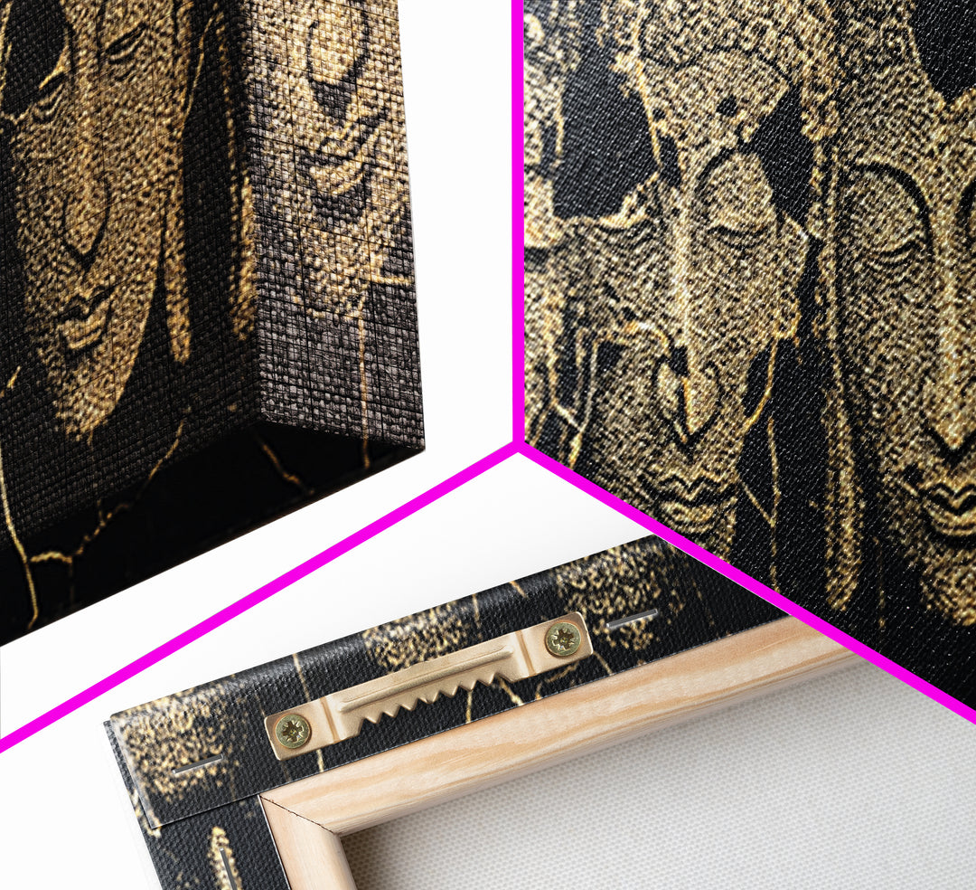 Serene Gold African Mask Wall Art, Tribal Face Portraits, Black Gold Canvas Print, Cultural Home Decor, Elegant Black Art