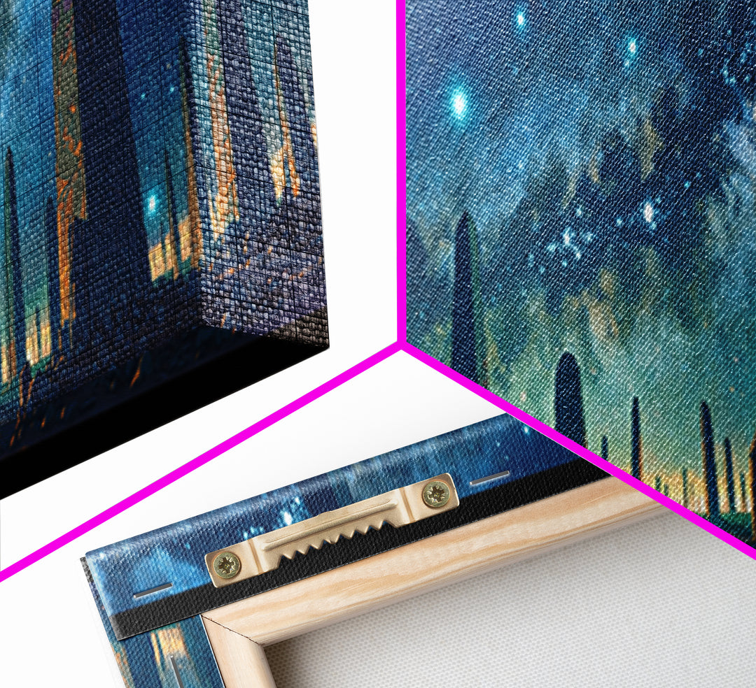 Futuristic Starry Obelisks Wall Art, African Egyptian Art, Cosmic Landscape Canvas Print, Mystical Blue Night Sky Office Decor