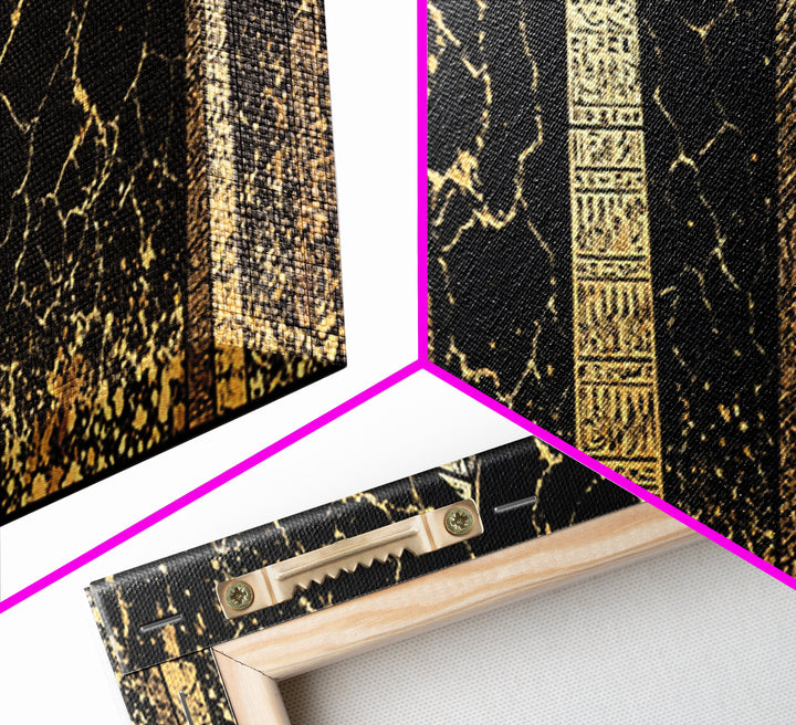 Gold Hieroglyph Obelisks Wall Art, African Egyptian Art, Black Gold Canvas Print, Ancient Symbols Cultural Statement Decor