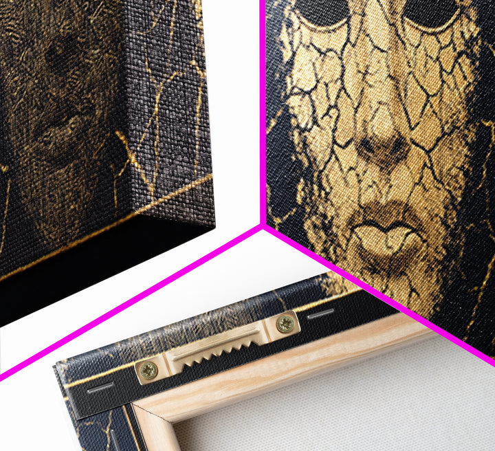 Gold And Black Ancient Mask Triptych Wall Art, Cracked Texture Faces, African Tribal Decor, Dramatic Cultural Canvas Gift