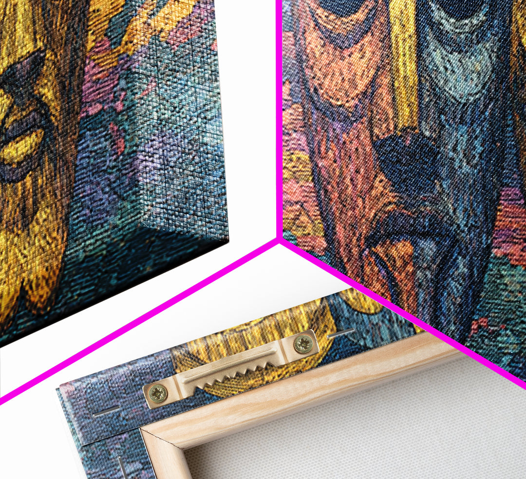 Three Golden African Masks Wall Art, Tribal Mask Canvas Print, Afrocentric Decor, Cultural Home Decor, Bold Statement Piece