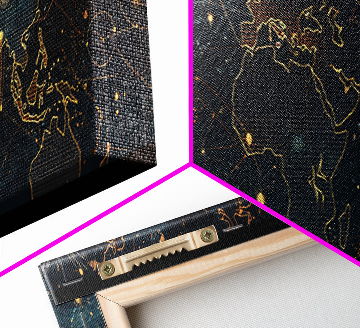 Dark Celestial World Map Wall Art, Gold Constellation Canvas Print, Modern Office Decor, Abstract Travel Home Decor, Housewarming Gift