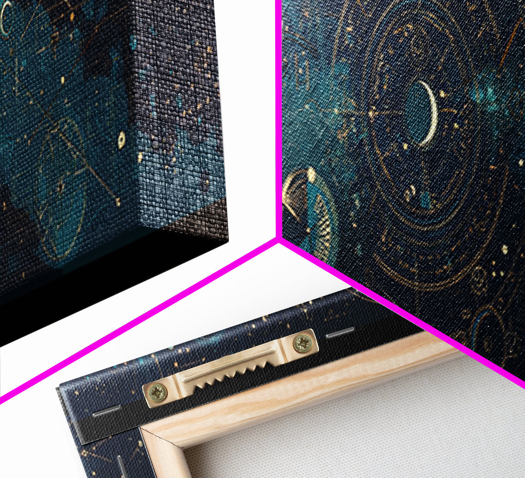Teal Galactic Blueprint Astrolabe Framed Canvas Print, Geometric Wall Art, Modern Canvas Art, Celestial Office Decor, Unique Home Decor