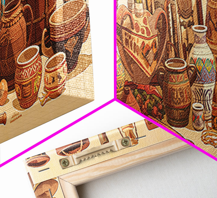 African Pottery Baskets And Drums Canvas Print, African Art Decor, Tribal Wall Art, Earth Tone Wall Decor, Cultural Art Print