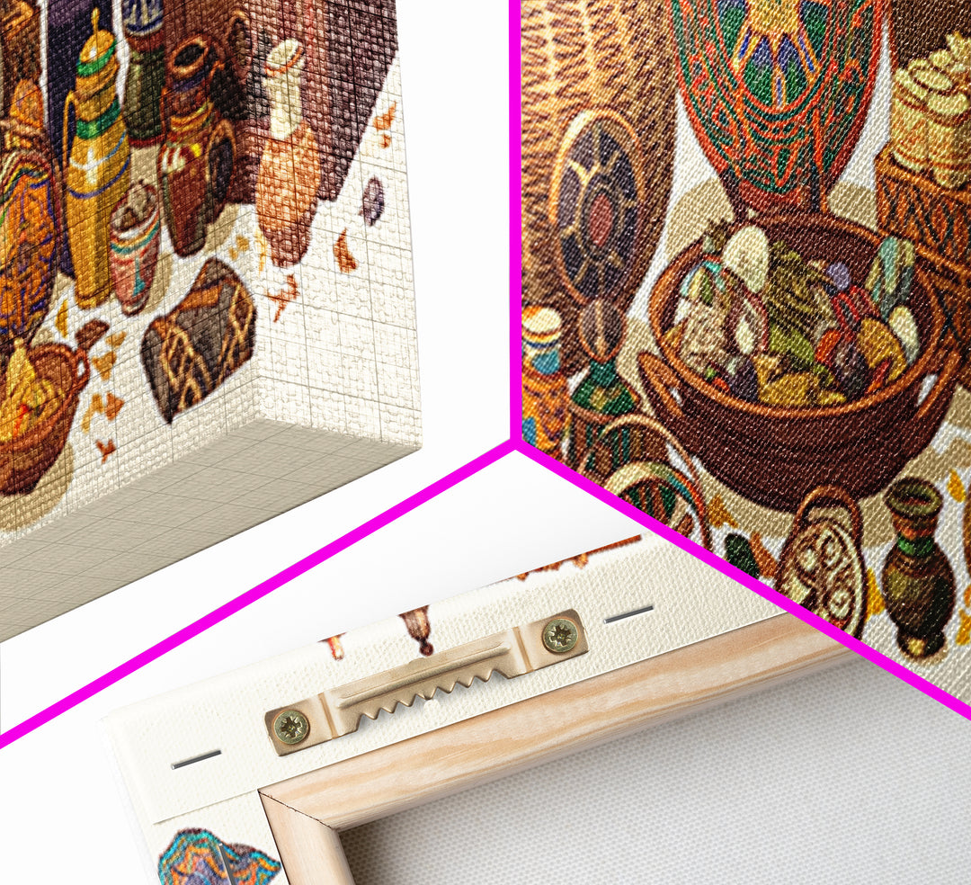 African Market Baskets Spices And Instruments Canvas Print, African Decor, Tribal Art Decor, Cultural Wall Art, Boho Home Decor