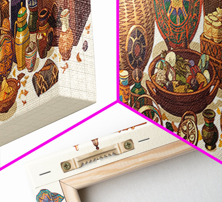 African Market Baskets Spices And Instruments Canvas Print, African Decor, Tribal Art Decor, Cultural Wall Art, Boho Home Decor