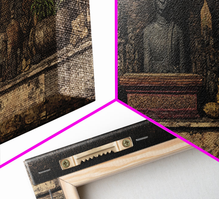 Buddha Shrine Shelf With Plants And Artifacts Wall Art, African Inspired Boho Decor, Rustic Spiritual Living Room Canvas