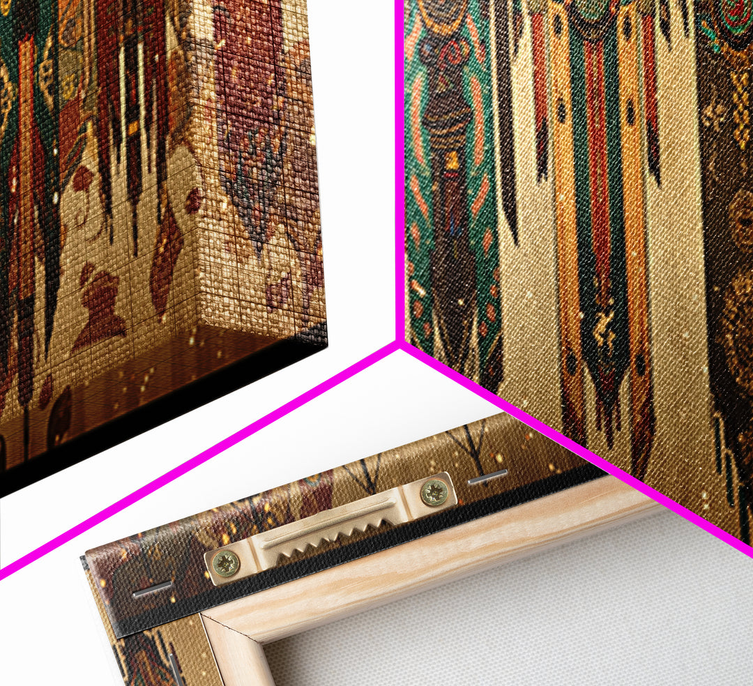 African Tribal Hanging Banners With Symbols Framed Canvas Print, Ethnic Wall Decor, Boho Patterns, Cultural Home Decor For Living Room